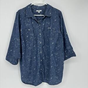 Croft & Barrow Shirt Womens 1X Blue Floral Chambray Button Front Tunic Top